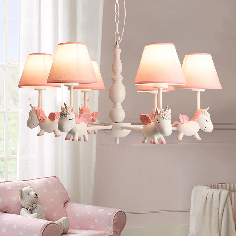 Princess Room Pink Chandelier Light Blue Pink Resin Unicorn Boy Girl Kids Bedroom Pendant Lamp LED E27 Nursery Room Ceiling Lamp