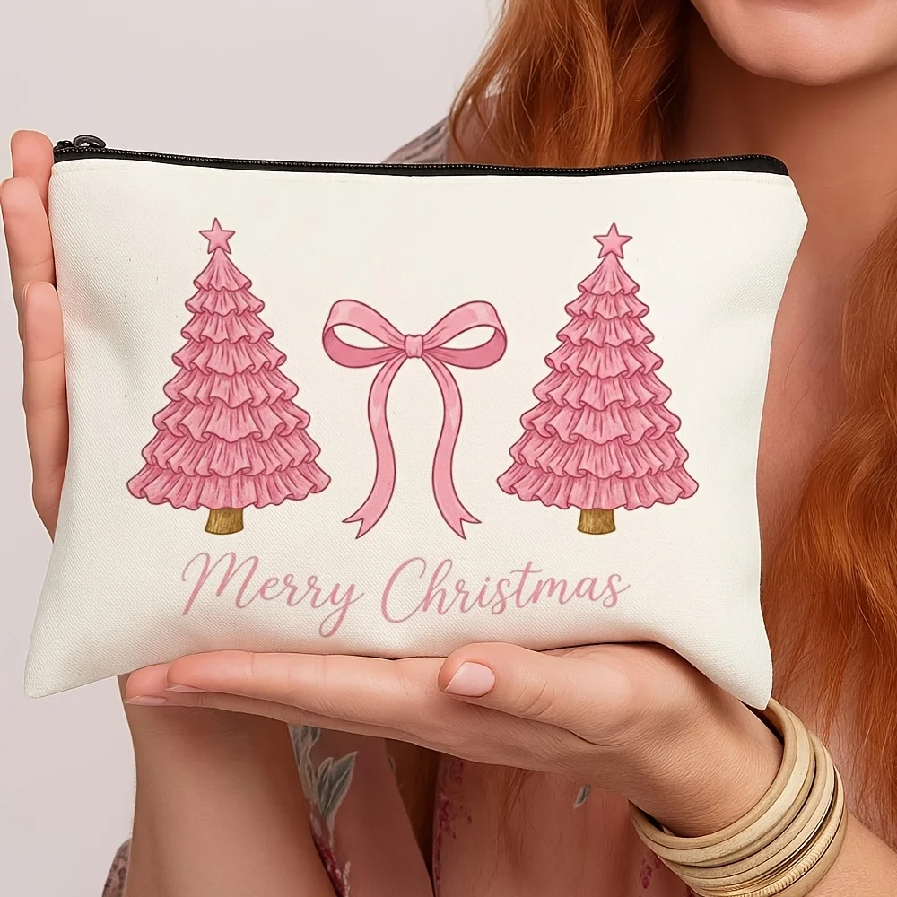 Cute Pink Ruffle Christmas Trees Bow Print Zipper Pouch Merry Christmas Cosmetic Makeup Bag Travel Storage Holiday Gift