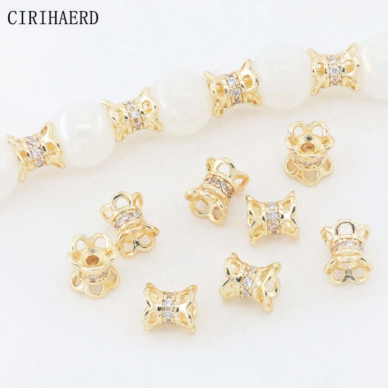 

New In Spacer Separation Beads 14K Gold Plated Brass With Zircon Double Sided Bead Caps For Jewelry Making Supplies Flower Beads