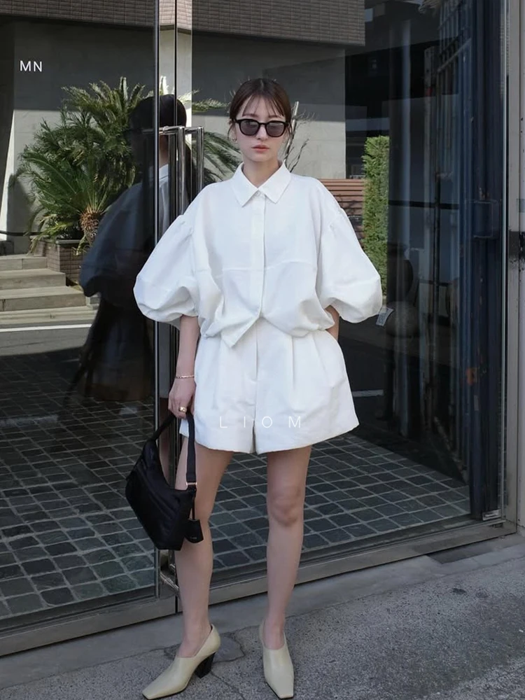 Japanese Elegant Retro Commuter Blouse Polo Collar Bubble Sleeve Single-breasted Versatile Casual Loose Shirts Tops Women Summer