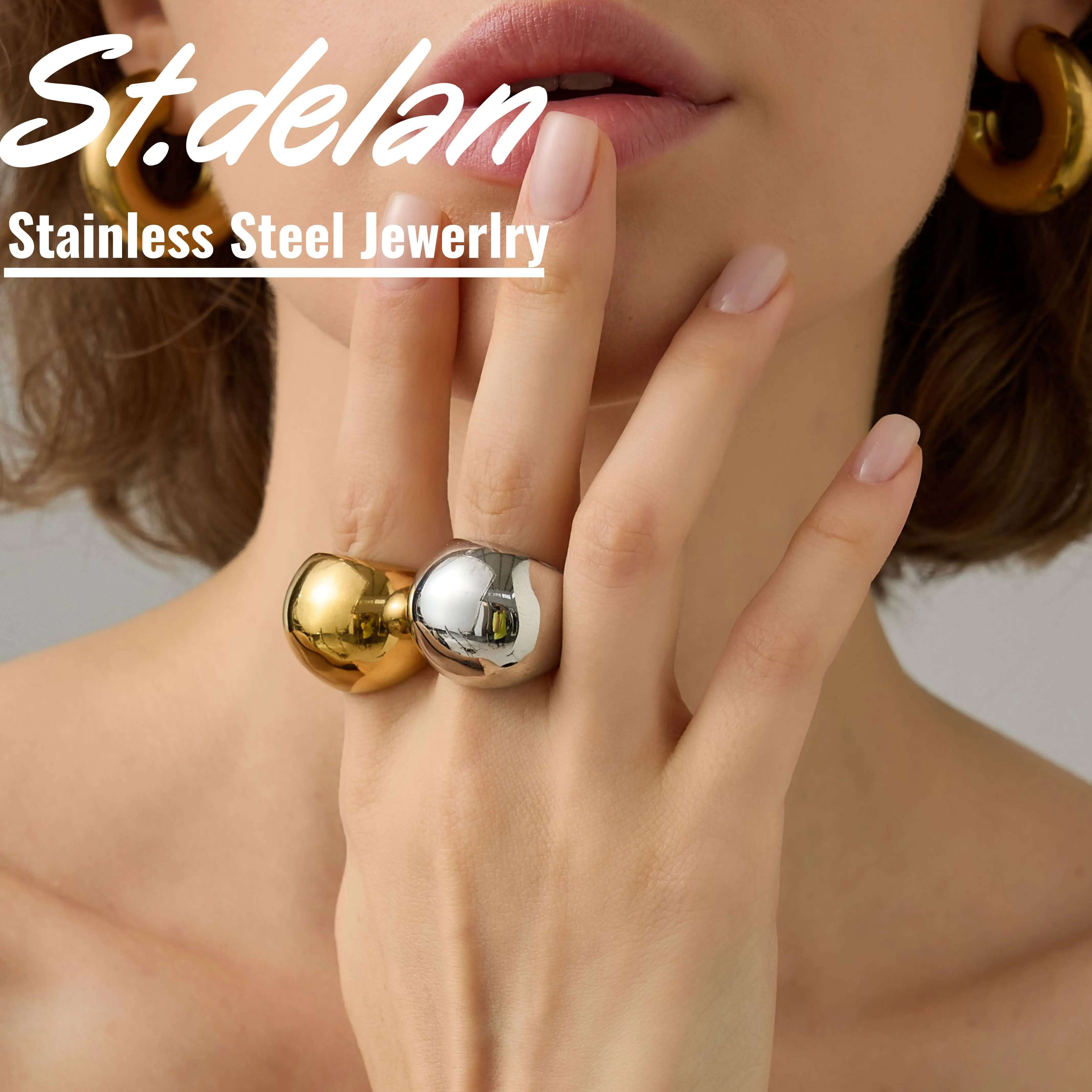 St.delan European American Fashion 18K Gold Plated Stainless Steel Rings | Oversized Spherical Round Band Statement Jewelry