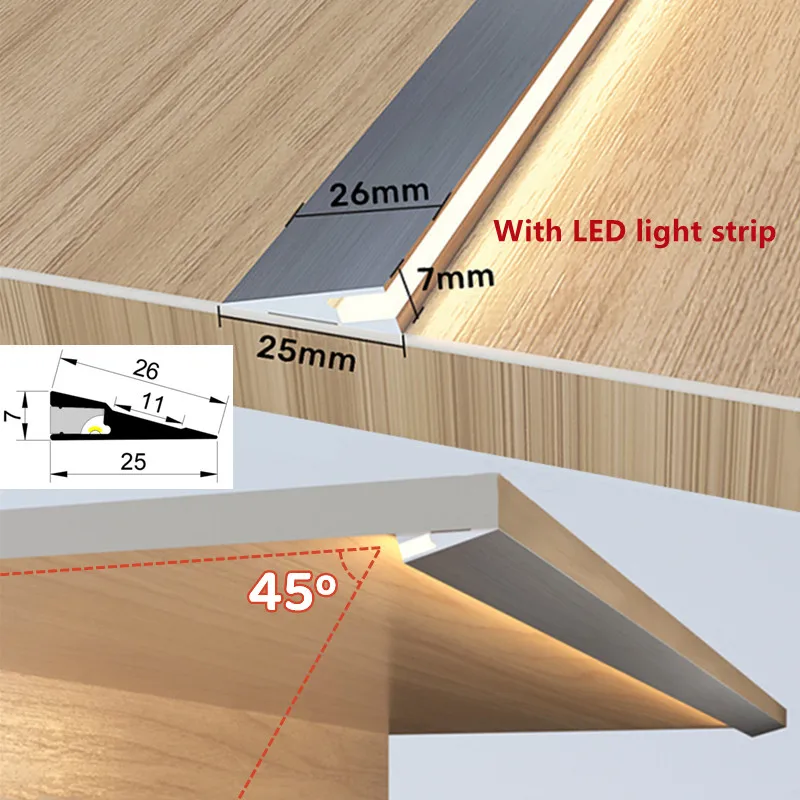 Ultra-thin LED Cabinet Strip Light Surface Mounted Aluminum Profile Wardrobe 45 Degree Oblique Lighting Front Hidden Shelf Lamp