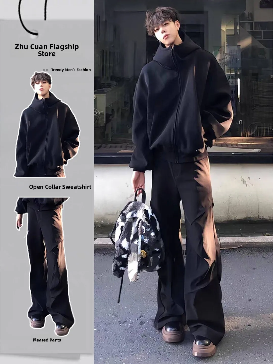 

Bla High Collar Hooded Open Cardigan Sweatirt Men's Sle Autumn Cool Trendy Outfit Set M Faion a Set of Pants And J...