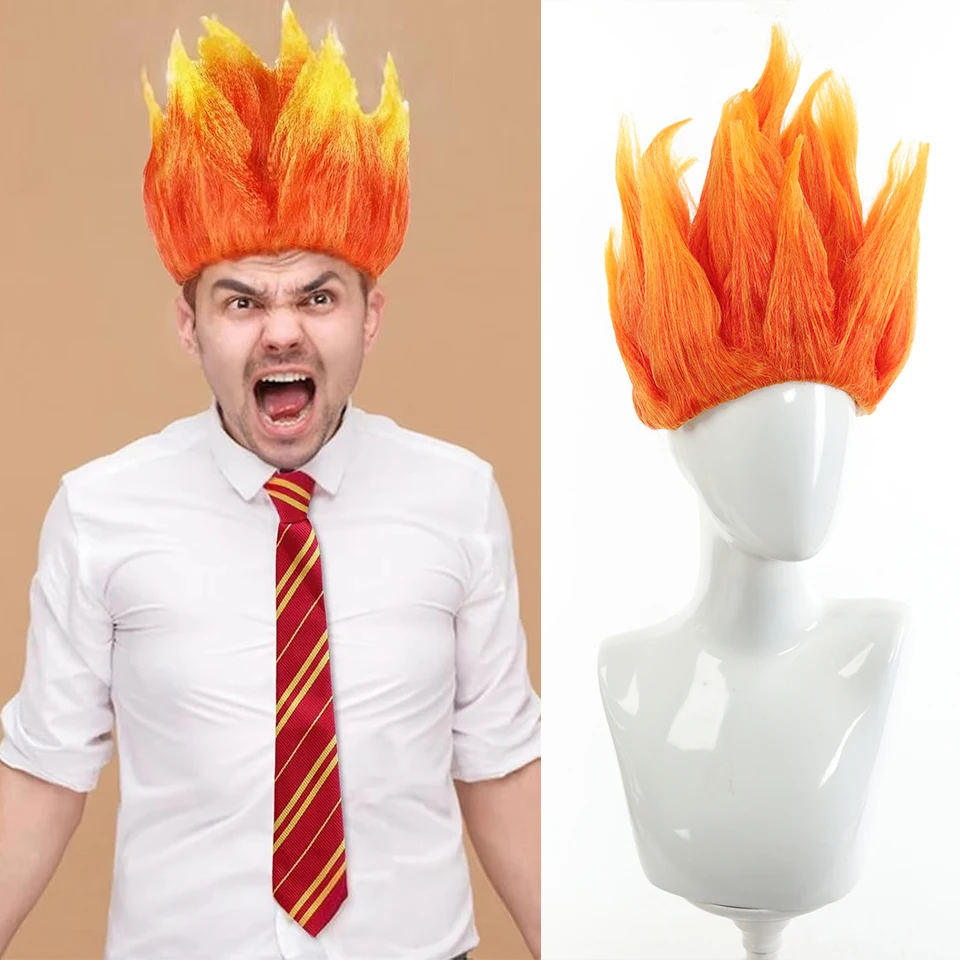 Peruca Anime Flame, design espetado pré-estilo, fibra sintética dupla laranja e amarela, curta de 12" para cosplay e festas de Halloween