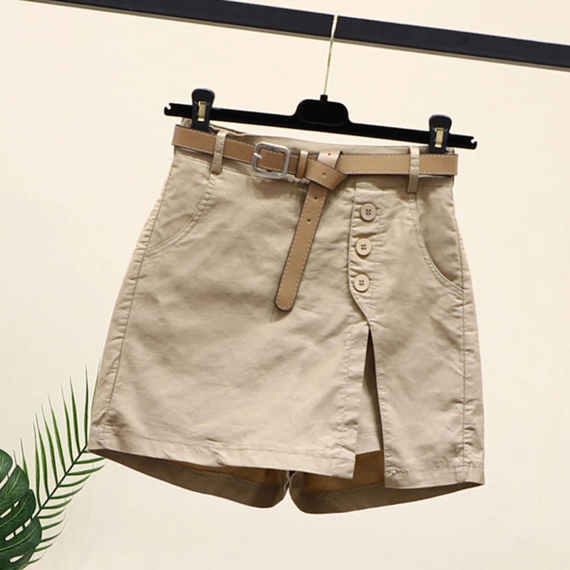 Women 100% Cotton Shorts Korean Casual Patchwork Belt Pockets Solid Button Fashion New All Match Summer Female Chic Shorts