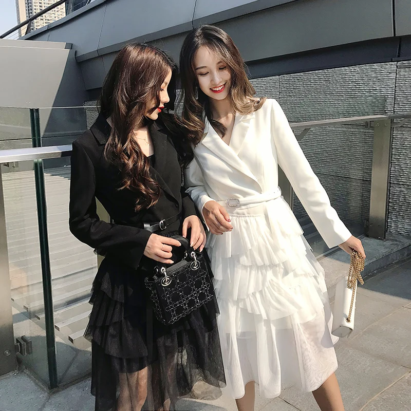 Ele Hepburn Sle Mid-Length Pure Color Suit Jaet with Me Splicing And Pleated Hem for Women Ice Ice Came Autumn New ...