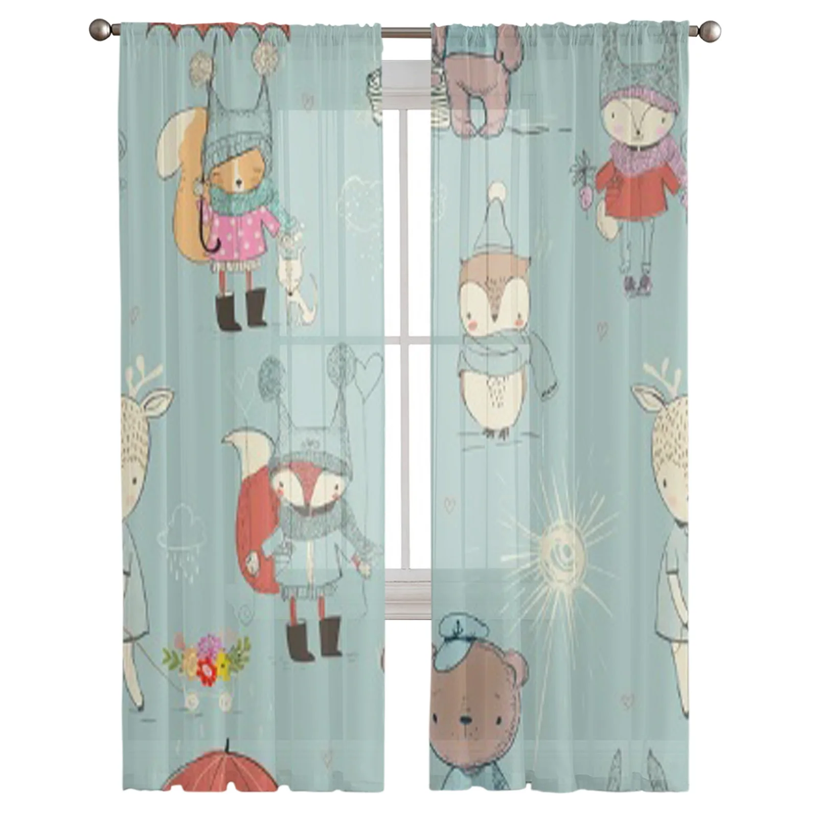 Cute Little Doodle Animals Fox Bay Window Screening Curtains Drape Sheer Tulle For Living Room Bedroom Voile Organza Curtains