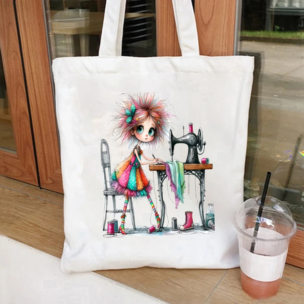 

Whimsical Seamstress Girl With Sewing Machine Canvas Tote Bag Cute Print Handbag For Sewing Lover Daily Casual Use