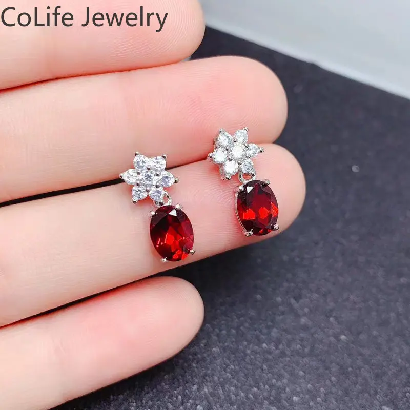 Total 2ct 6*8mm Natural Garnet Stud Earrings for Woman 925 Silver Garnet Stud Earrings Prevent Allergy 3 Layers 18K Gold Plating