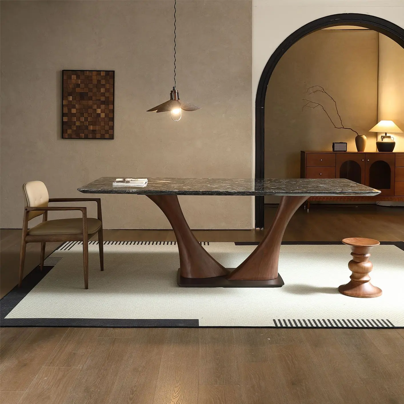 

hu-Modern Dining Table Set 6 Seater Stone Top Wooden Leg Hotel Villa Dining Room Home Furniture Marble Dining Table#