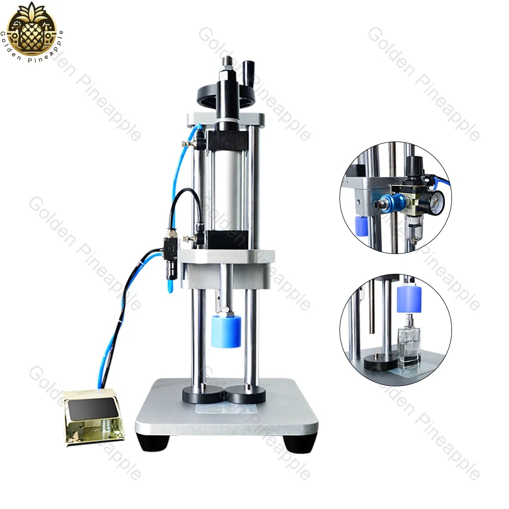 

Small Pneumatic Press Capping Machine for Glass and Plastic Bottles with Perfume Cylinder Lids Collar Ring Pressing.