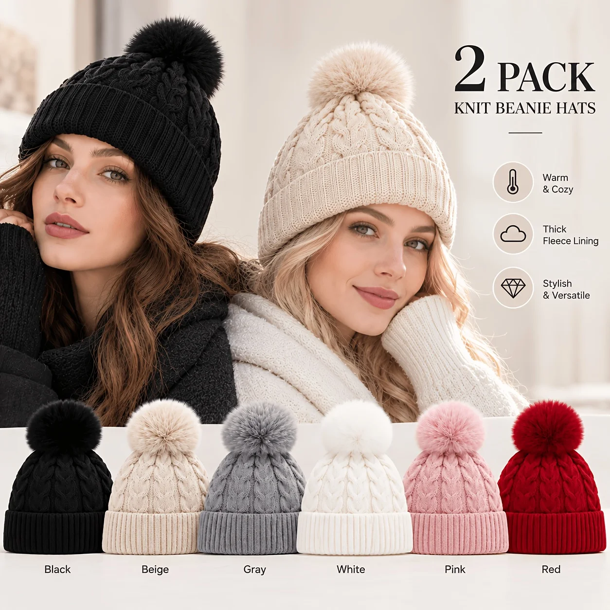 2pcs Women Winter Pom Beanie Hats Fleece Lined Thick Cable Knit Warm Solid Color Hat For Cycling Outdoor Daily Wear Holiday Gift