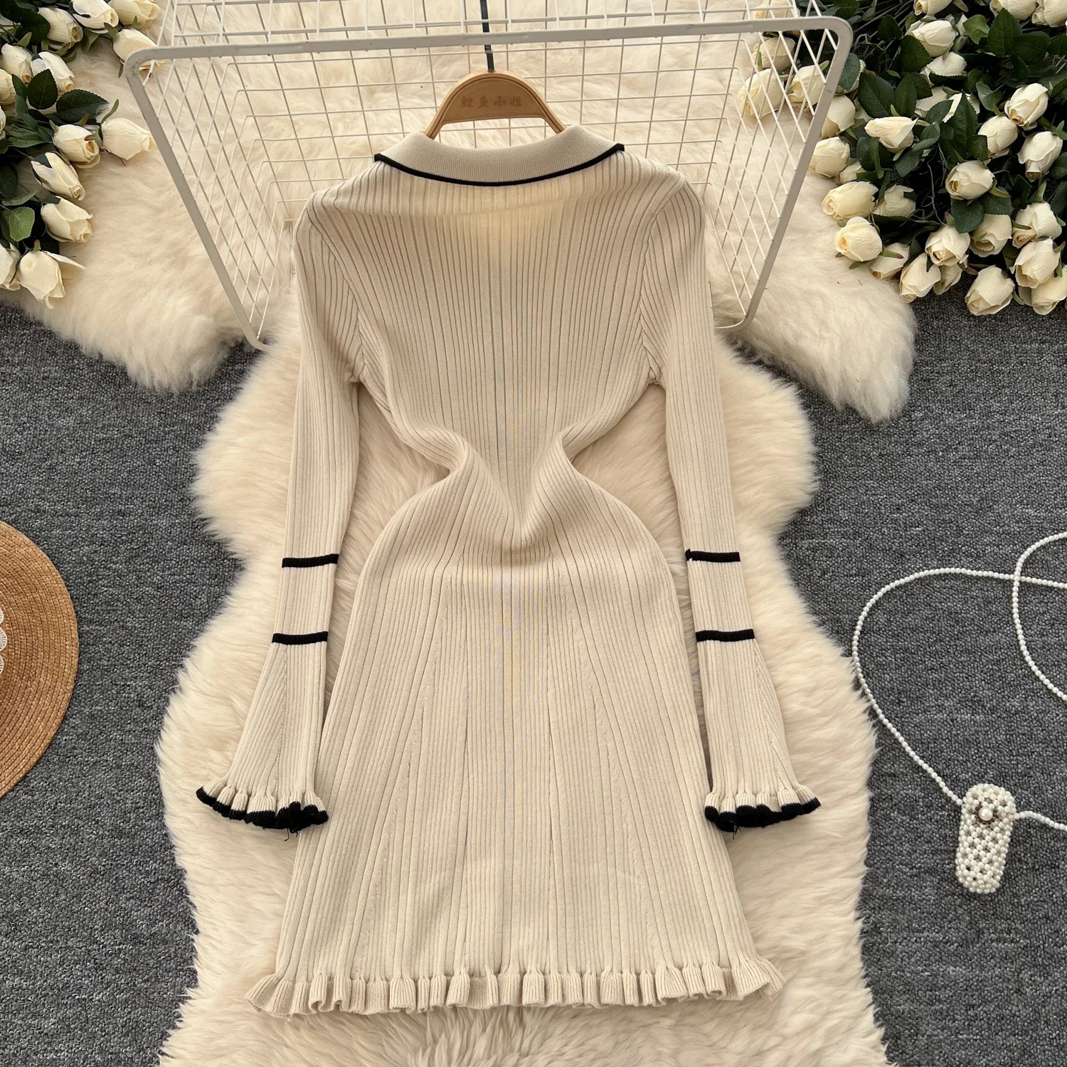 Casual Polo-neck Basics Long Sleeve Chic Buttons Slim Ear Fungus Edge Patchwork Dresses French Women High Street Autumn Clothing