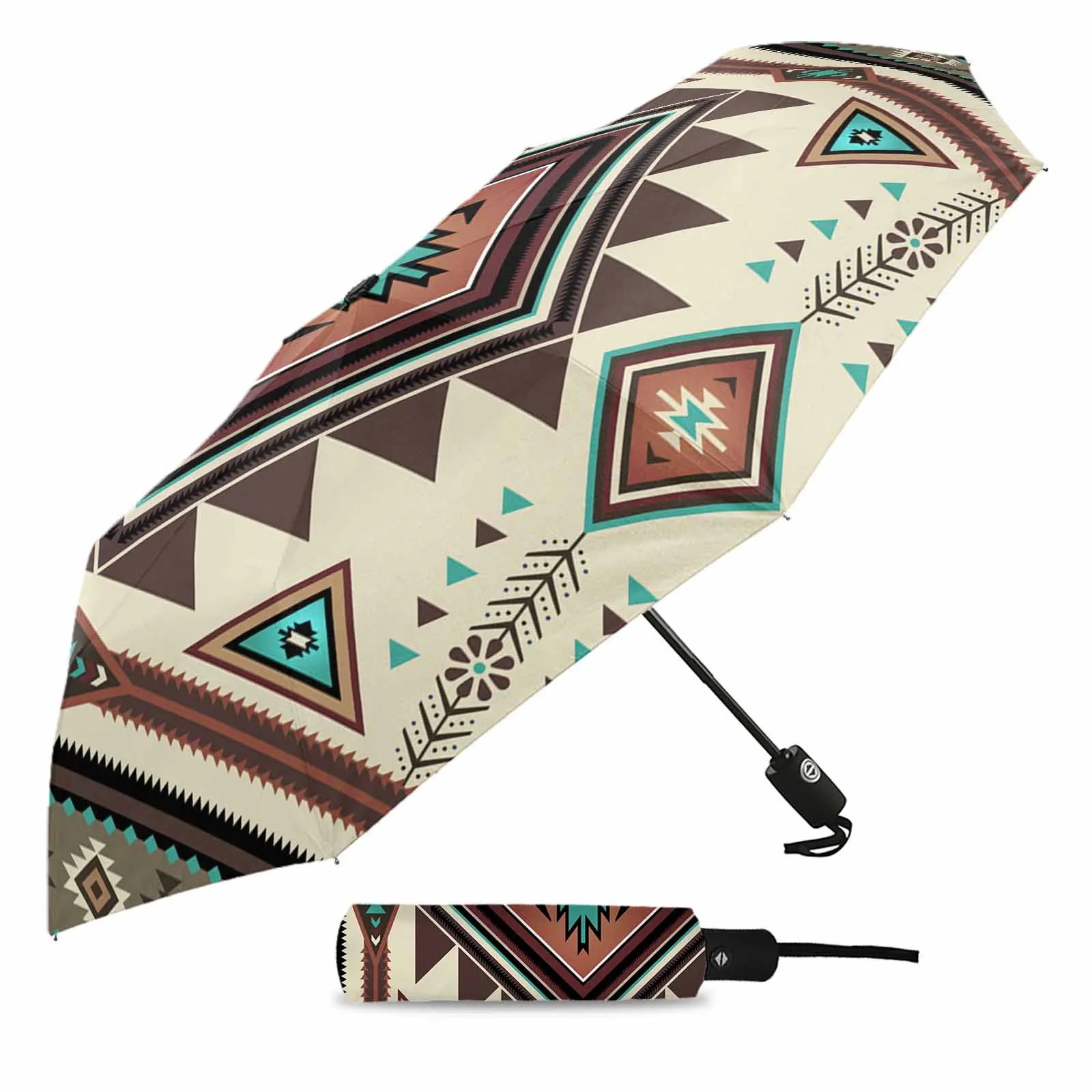 Brown Bohemian Geometric Automatic Umbrella Travel Folding Umbrella Portable Parasol Windproof Umbrellas image 2