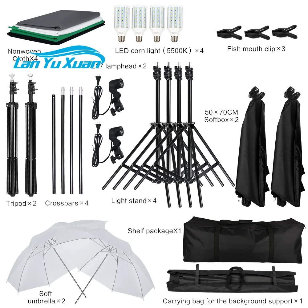 

Photography Photo Studio Softbox Lighting Kit With 2.6x3M Background Frame 3pcs Backdrop Tripod Stand Reflector Board 4 Umbrella