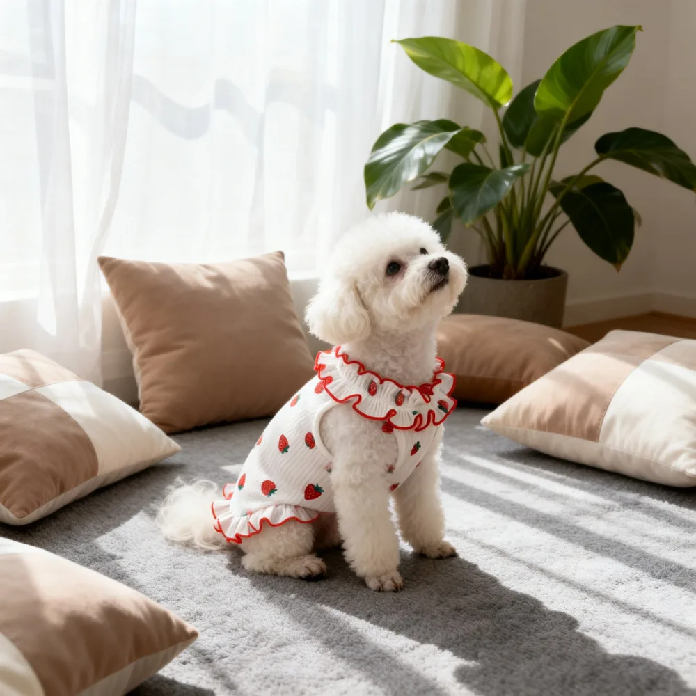 Dog Strawberry Print Ruffle Dress Sleeveless White Pet Vest Soft Breathable Summer Clothes for Small Dogs Kitten PoodleChihuahua