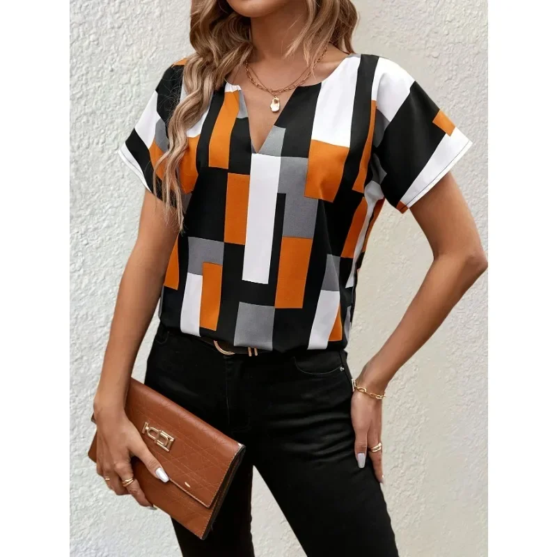 

Большие размеры 1XL-5XL, новая женская повседневная удобная универсальная футболка с v-образным вырезом и короткими рукавами, подходящая для поездок на работу