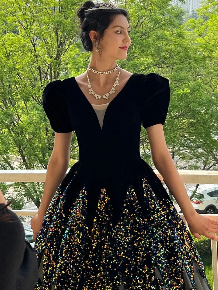 Customized  Black Evening Dress Puff Sleeve A-line V-neck Sequins Sparkling Elegant Formal Gowns for Women Vestidos De Noche