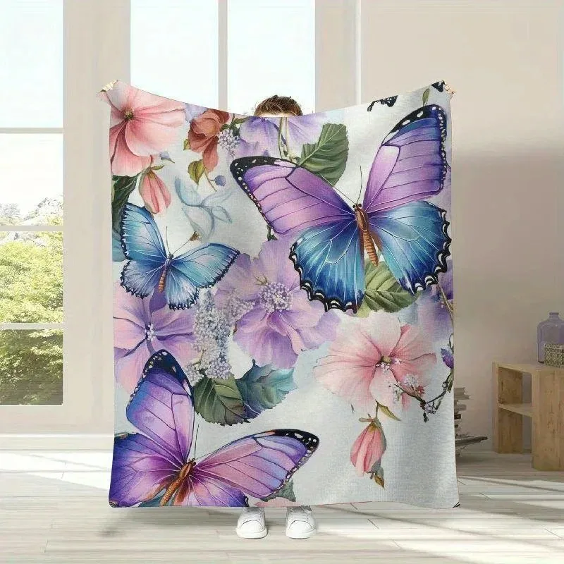 Flower Butterfly Print Flannel Blanket, Soft Cozy for Travel Sofa Bed Home Decor, Perfect Gift for Women Girls Adults