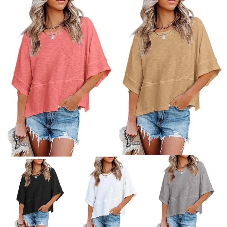 

Новинка 2026: Женская свободная футболка с круглым вырезом и рукавами-колокол, однотонная, повседневная