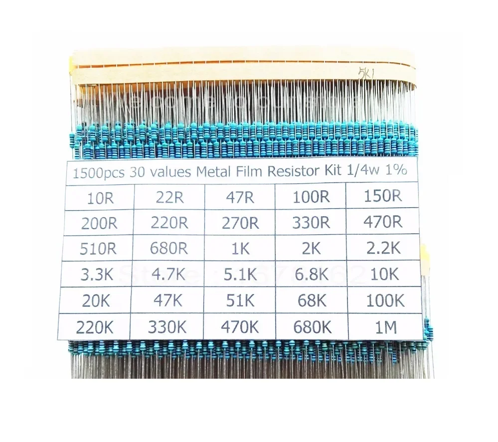 1500pcs/lot 30 values X 50pcs 1% 1/4 W resistor pack use a colored ring resistance (10 ohms ~ 1 M ohm) each value 50pcs sample