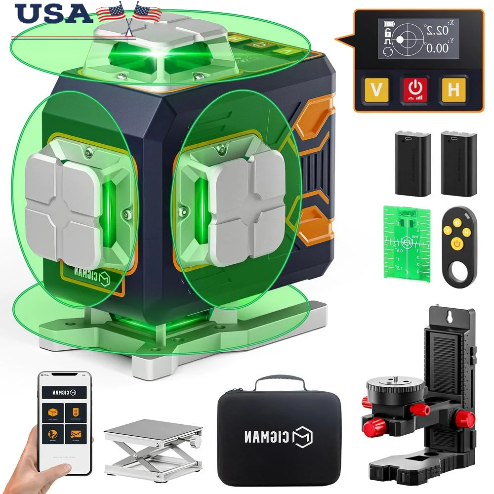 Laser a linee incrociate autolivellante verde 4D 16 linee Controllo remoto APP 360 ° Batteria da costruzione con linea orizzontale verticale di tipo C