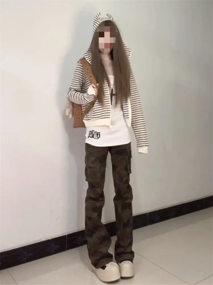 

Джинсы-клеш с низкой посадкой в американском стиле, камуфляжные, женские, весна-осень, облегающие, удлиненные, в пол, для работы