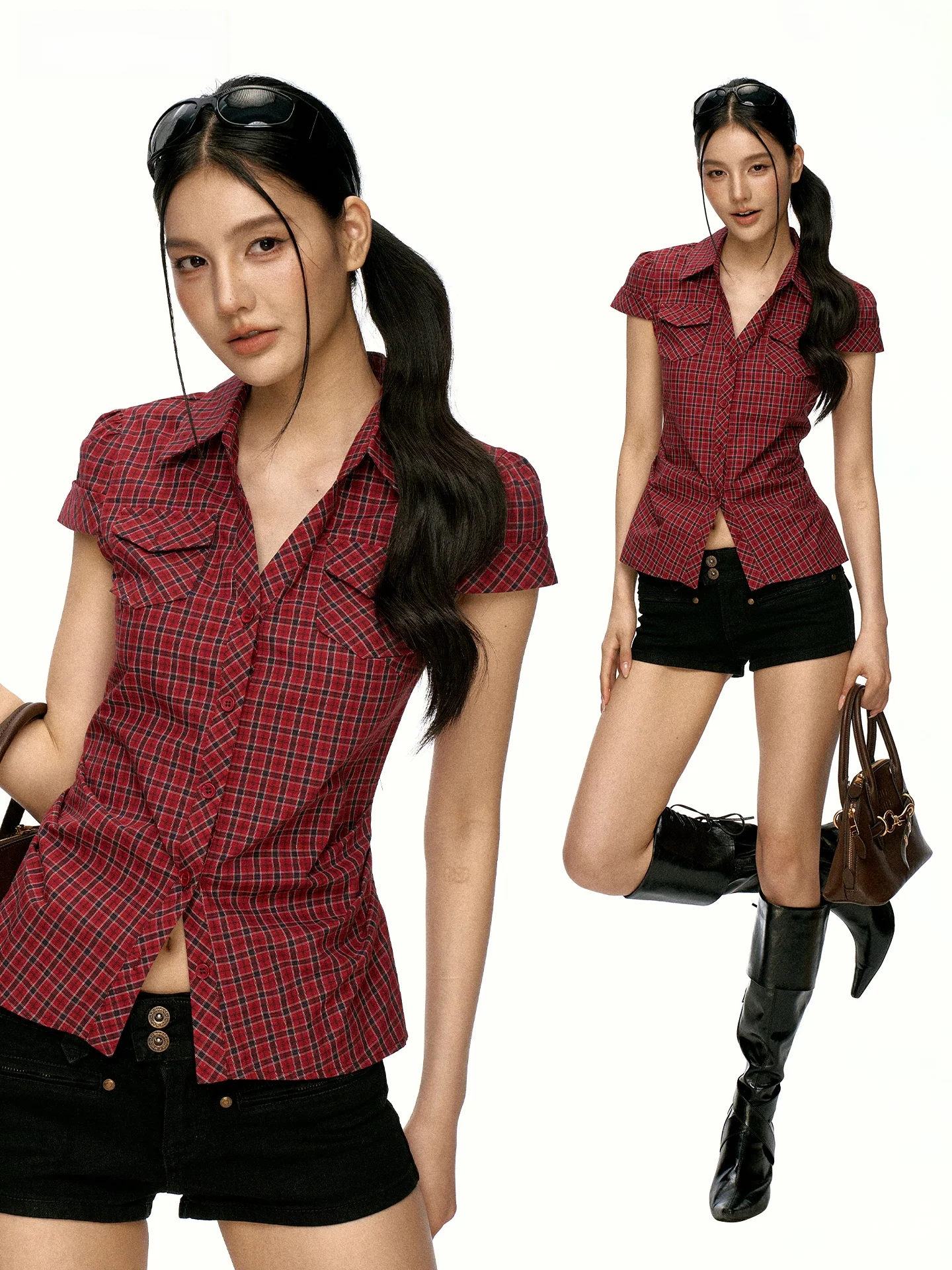 

Aaisup Korean Style Short Sleeve Shirt Women's Summer Slim Fit Plaid Collared Waist Cinched Fashionable Commute Wind Shirt