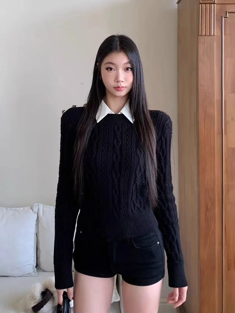 

Bla Slim Fit Knitted Sweater Women's Autumn Winter New Sle Soft Cozy Overhead False Two-Piece Top WithMin Commute Sle