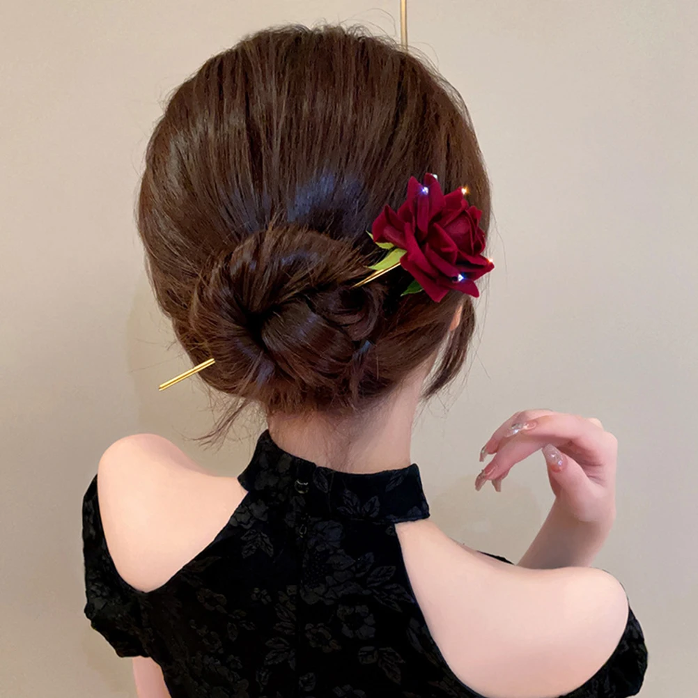 

Crystal Red Rose Hair Stick Elegant Ancient Style Hairpin For Party Banquet Daily Wear Floral Hair Accessories For Bun Ponytail