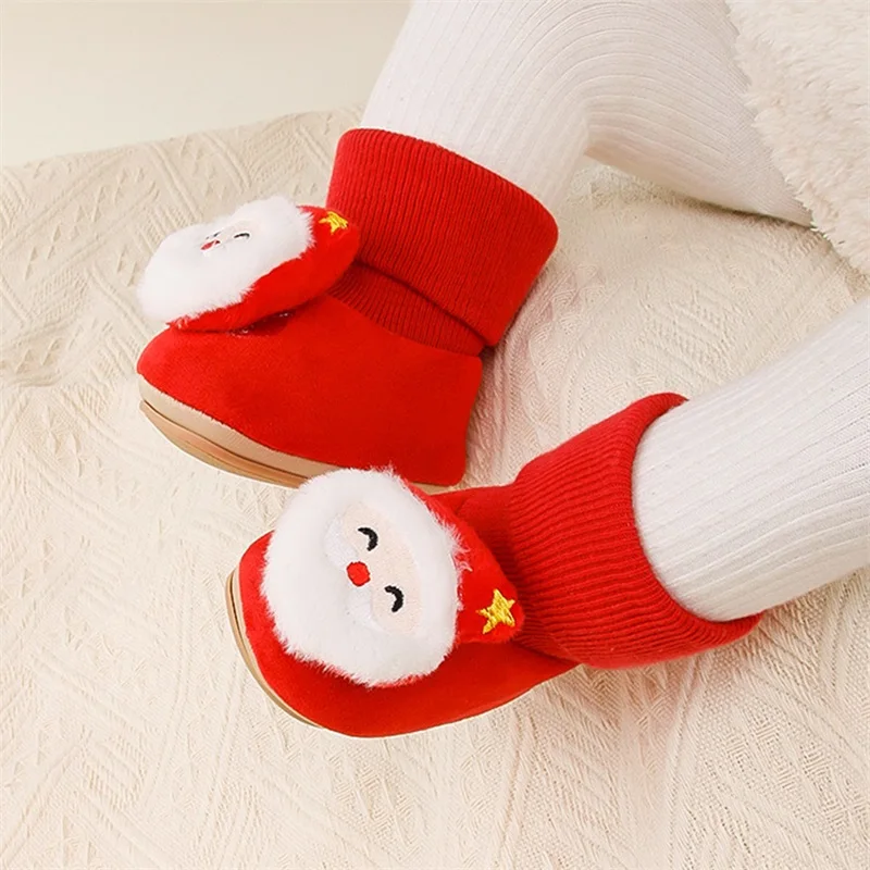 Cute Christmas Baby Booties with Plush Santa and Reindeer Design Non-Slip Soft Sole Shoes for First Steps Perfect Holiday