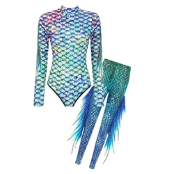 Womens Fish Scales Print Mermaid Jumpsuits Cosplay Outfits Halloween Party Long Sleeves Skinny Jumpsuit with High Waist Tights