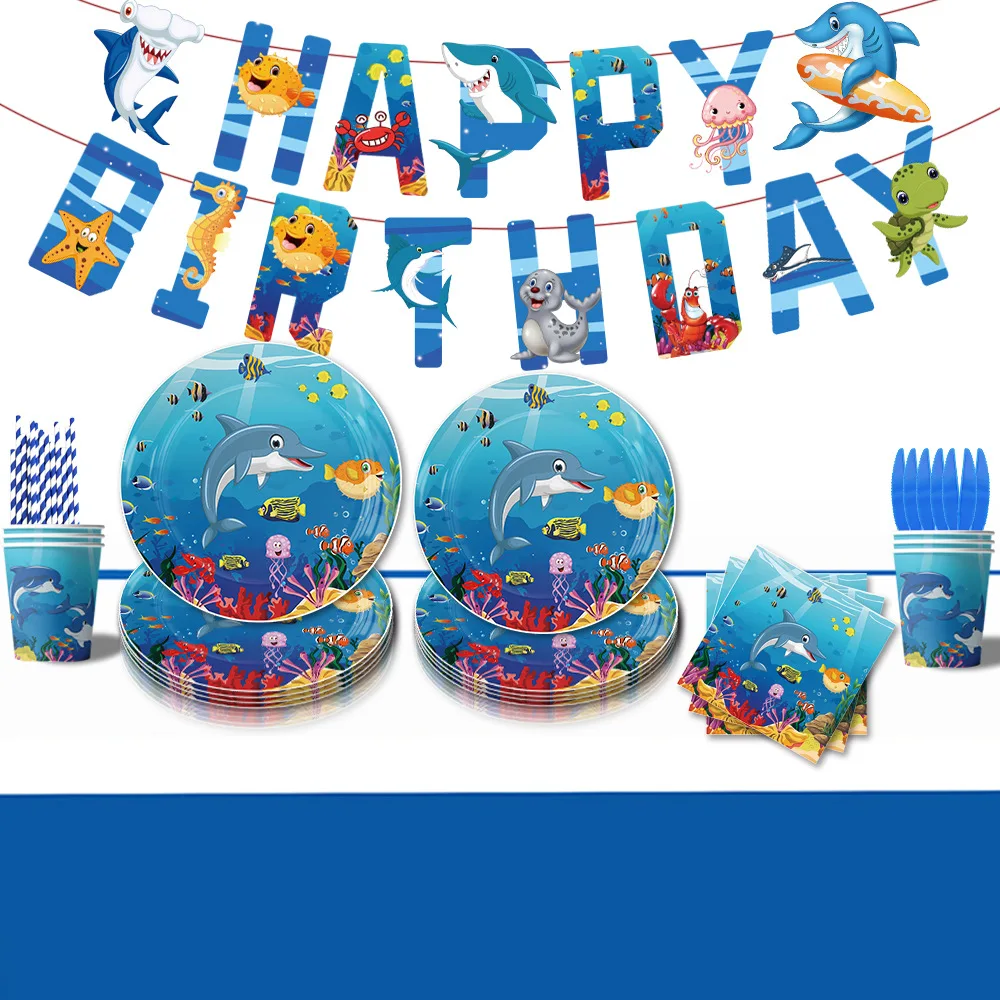 Ocean Fish Theme Birthday Decorations Party Disposable Tableware Paper Napkins Cups Plates Banner Tablecloths Straw