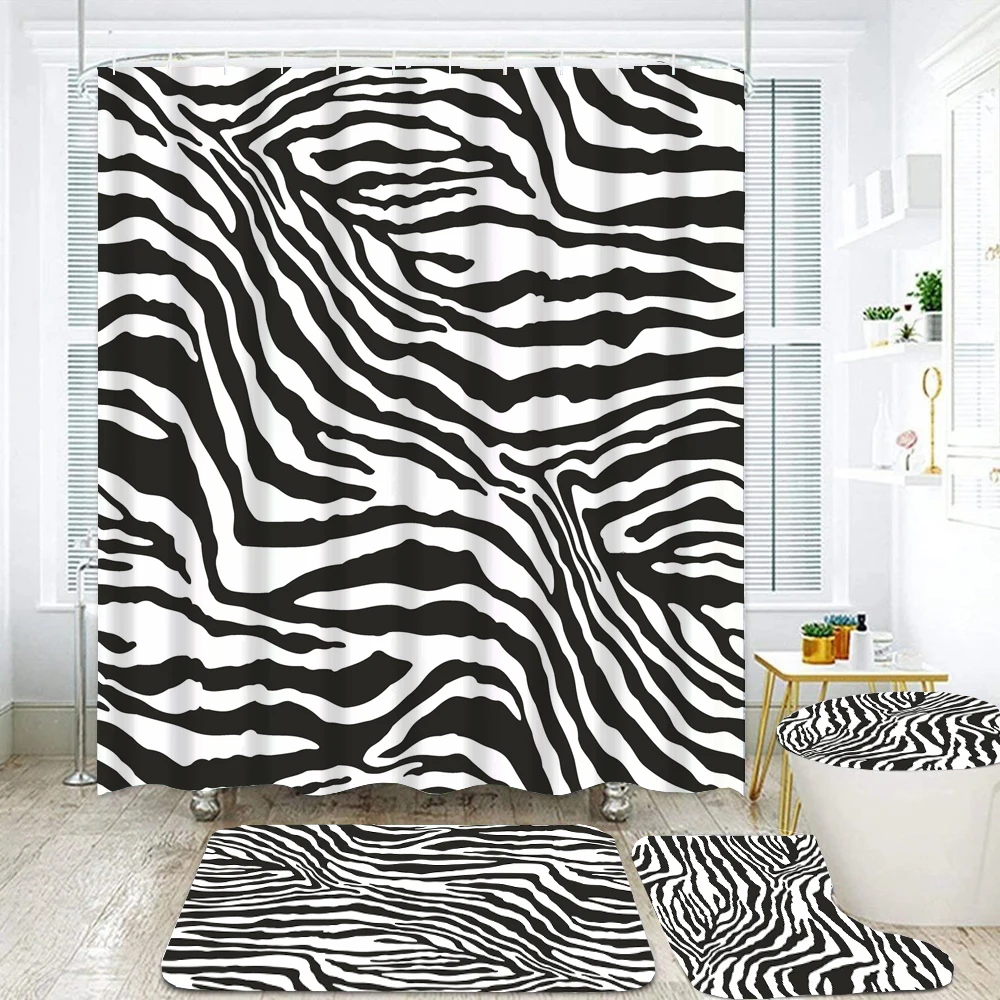 

3D Print Black and White Zebra Stripes Waterproof Fabric Shower Curtain Set Anti-slip Soft Bath Mat Toilet Cover Bathroom Decor