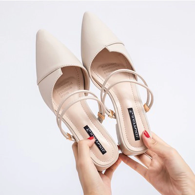 Fashionable Pointed Toe Sandals Women's Slip-On Two-Way Wear mid Heel Thick Heel Headed Shoes Summer New Style Fairy Wind