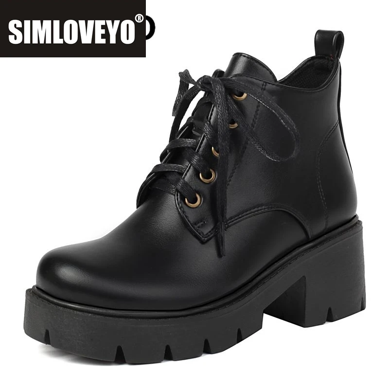 

SIMLOVEYO модные женские ботильоны в британском стиле на меху с круглым носком на толстом каблуке, на платформе со шнуровкой, большой размер 41 42 43 в стиле ретро Bota