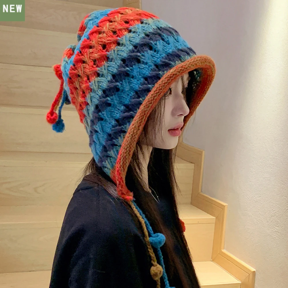 HT4249 Fashion Knitted Hat Women Autumn Winter Skullies Beanies Ladies Colorful Earflap Cap Female Handmade Tassels Beanie Hat