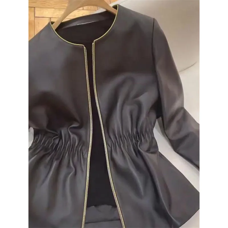 Veste en cuir noir rétro pour femme, col rond, décontracté, design de mode, fouet, manteau en cuir doux avec fermeture éclair, haut féminin, printemps, automne, 2024