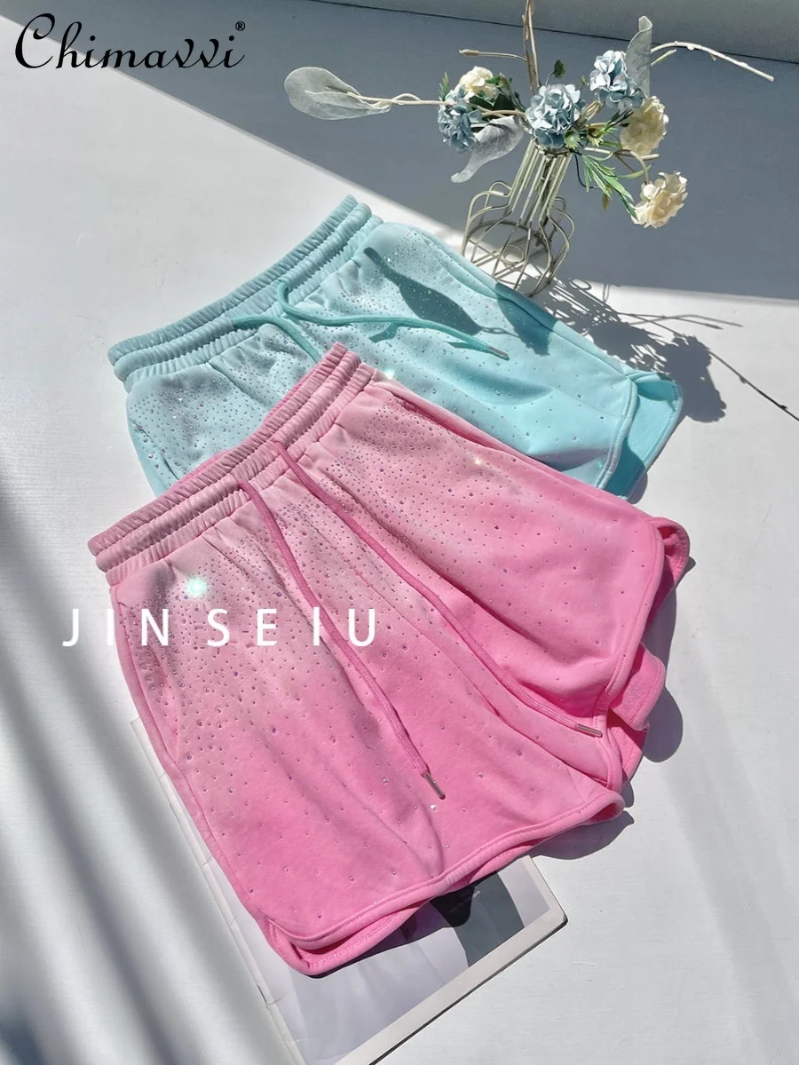 European Station Hot Rhinestone Casual Shorts Women 2024 Summer New Sweet High Waist Loose Slim Wide Leg Sports Hot Pants