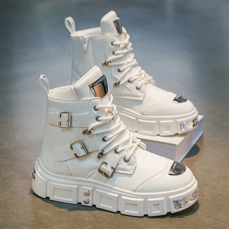 Men's Motorcycle Boots, Street Style Buckle High-Top Men's High-Top Boots, Thick-Soled, All-Season, Retro Motorcycle Casual Boots - view 2