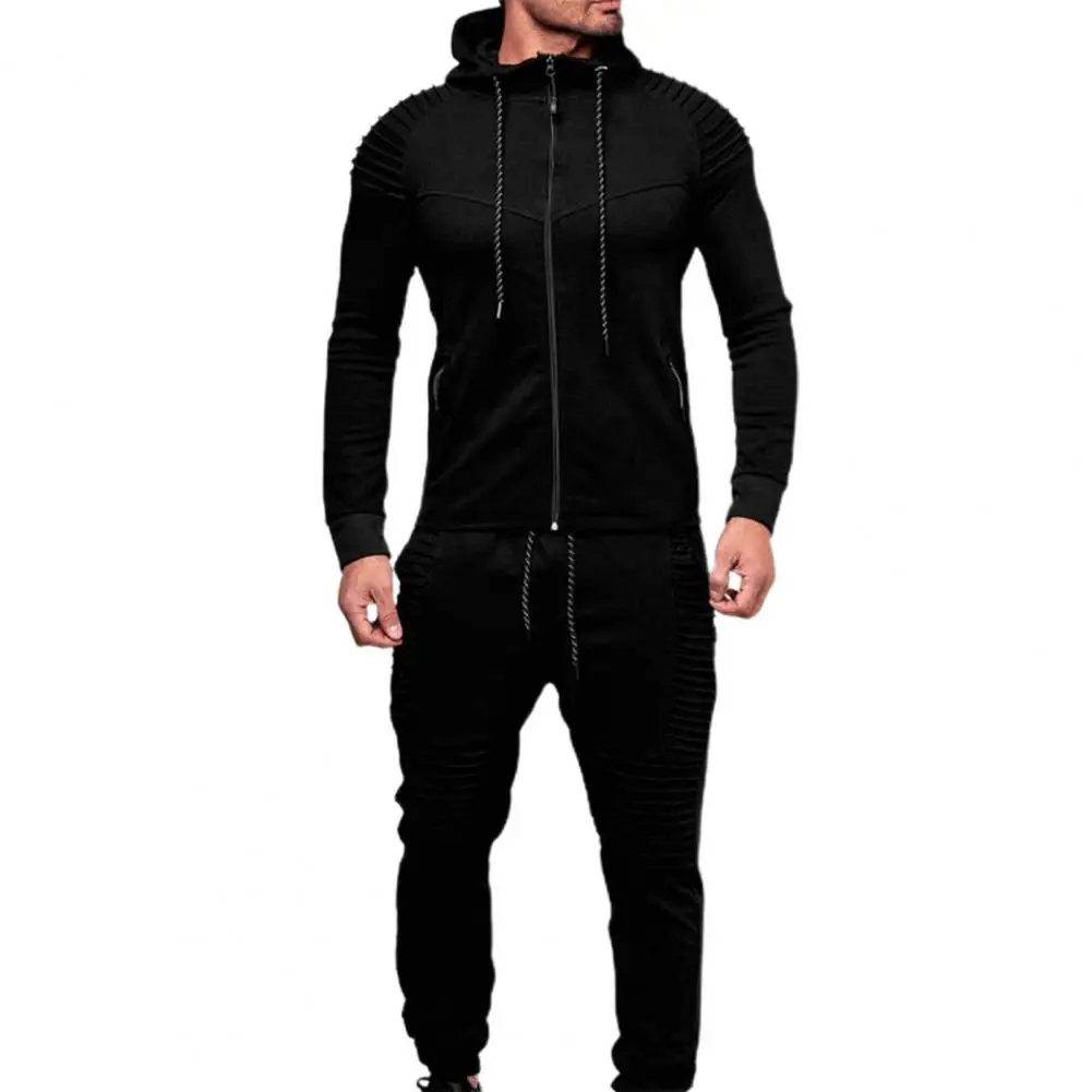 2 Pcs/Set Men Tracksuit Solid Color Hooded Pleated Simple Spring Suit for Daily Wear