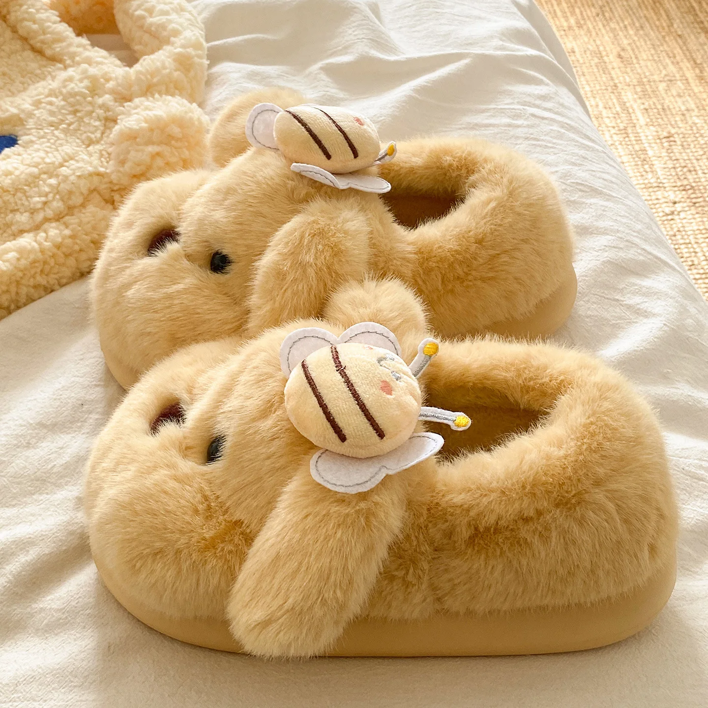 Women's Winter Cute Rabbit Bee Plush Slippers Thick Sole Warm Non Slip Indoor Home Fluffy Slippers for Women