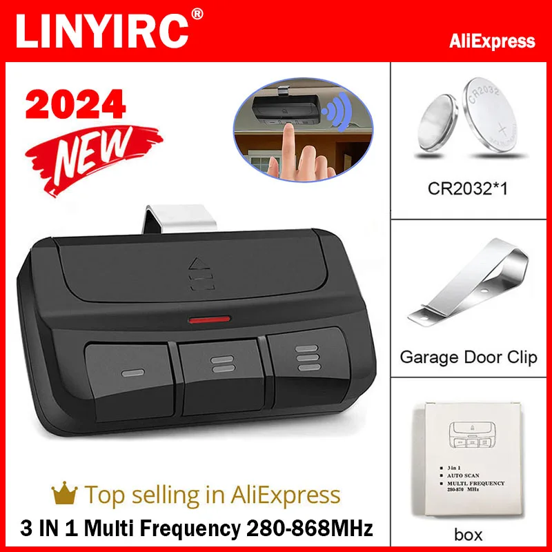 Garage Remote Control Clone Multifrequency 287MHz-868MHz Garage Door Opener Gate Control 3 Buttons Includes Car Sun Visor Clip
