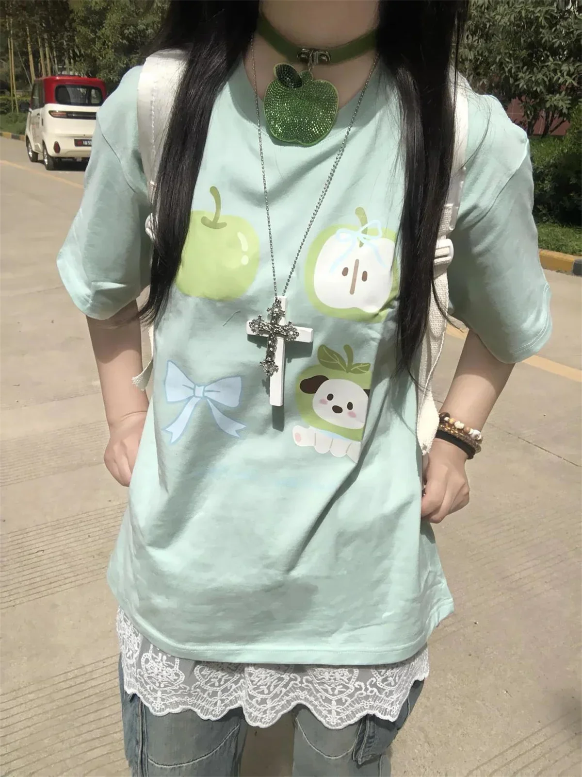 Lässiges All-Match Vintage T-Shirt, Sommer Kawaii Niedliches Cartoon-Print-Shirt, Damenmode, Lässige Japanische Schicke T-Shirts – Detail 1