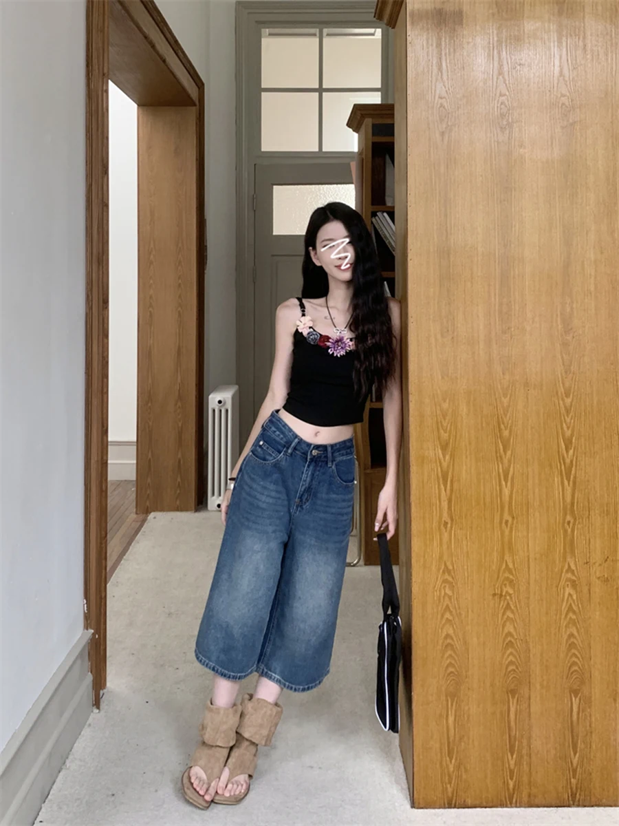 RORORIRI 아메리칸 빈티지 하이웨이스트 스트레이트 레그 크롭 진 여성용 2025 신상 와이드 레그 데님 카프리 팬츠 여름 의류