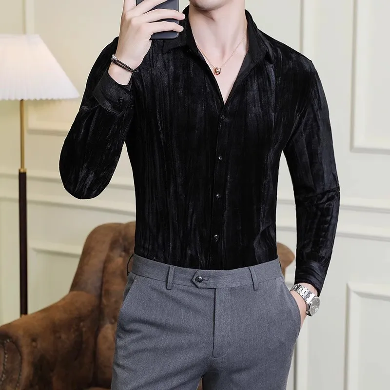 Autumn Single Breasted Men\'s Velvet Shirts 2023 Stylish Button Down Long Sleeved Shirt Mens Plus Size Social Korean Streetwear