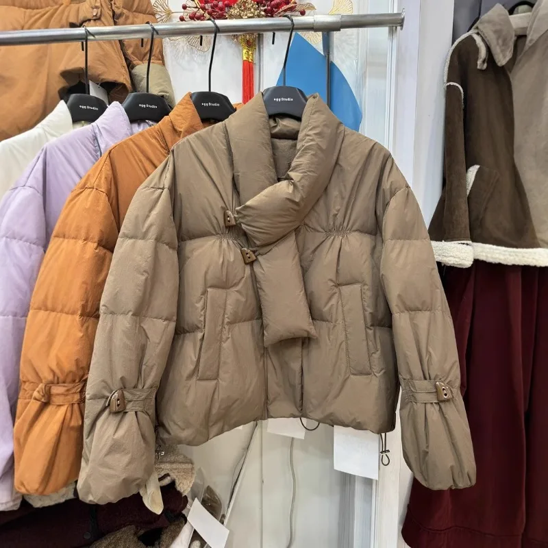 Women's Winter Tops Jacket Down Coat White Duck Down Scarf Cowl Button Warm Thickened Vintage Simple Comfortable New Soft Niche