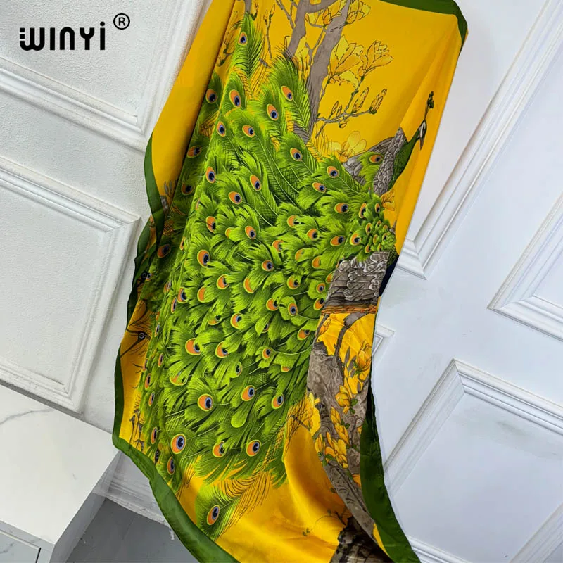 WINYI maxi summer dresses sexy african women dress Peacock print beach wear evening dress Femme kaftan Muslim beach cover ups