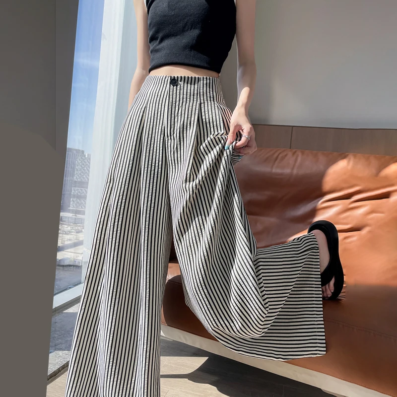 Retro Trend Striped Wide-leg Pants Women 2025 Summer Thin Lazy Style Straight Suit Yamamoto Pants