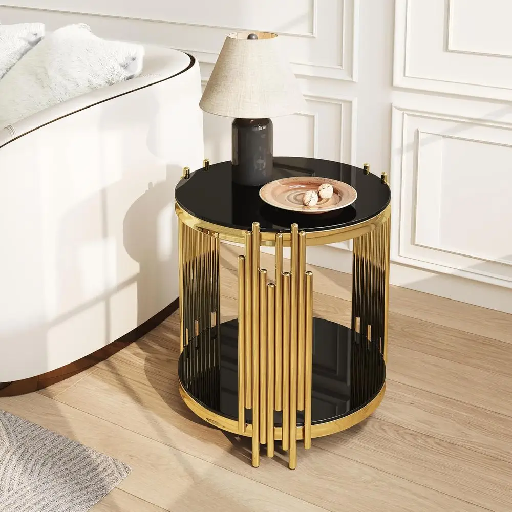 

20 Two-Tier Gold Circle Glass End Table with Stainless Steel Legs for Living Room and Office